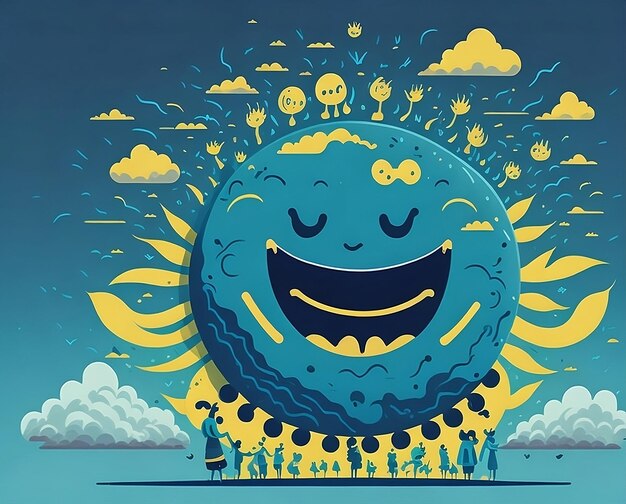 Zdjęcie ilustracja przedstawiająca uśmiechnięty księżyc z grupą ludzi wokół niego