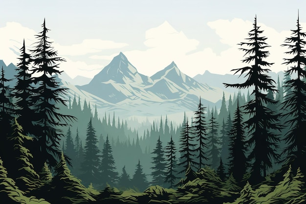 Ilustracja przedstawiająca widok na dolinę, jodły leśne i szczyty górskie