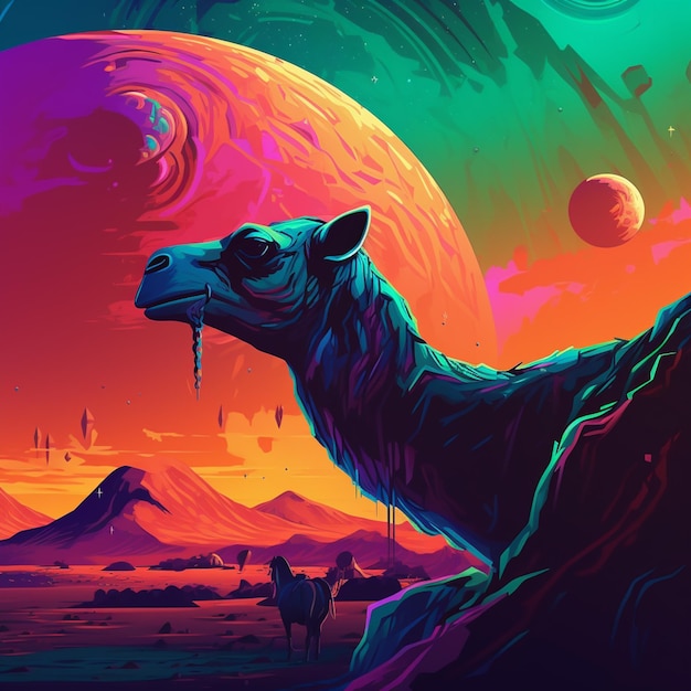 ilustracja przedstawiająca wielbłąda na pustyni z planetą w tle generatywną ai