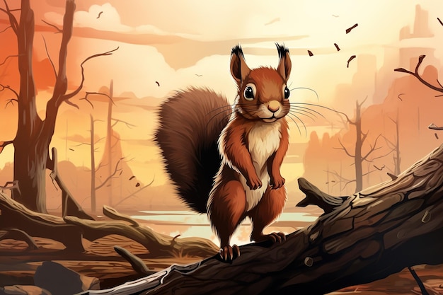 Ilustracja przedstawiająca wiewiórkę w lesie o zachodzie słońca z drzewami w tle Generatywna AI