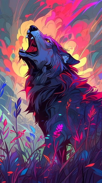 ilustracja przedstawiająca wilka ryczącego na wolności z kolorowym tłem generującym ai