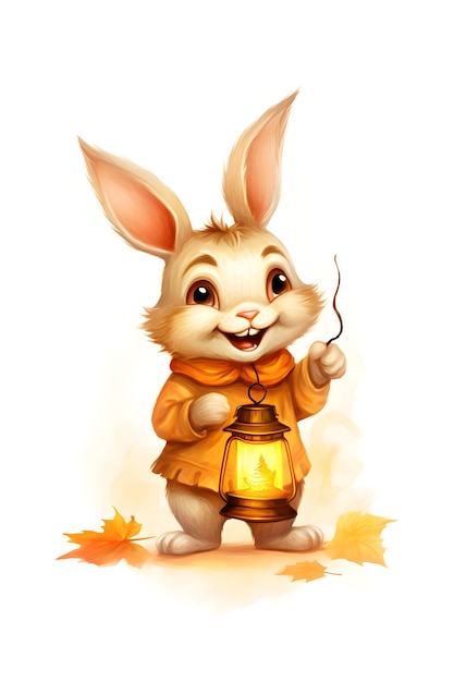 Ilustracja przedstawiająca zabawnego królika niosącego dyniową latarnię