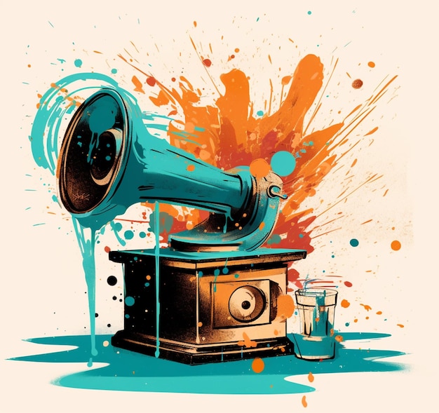 Ilustracja przedstawiająca zabytkowy gramofon ze szklanką wody i farbą w sprayu.