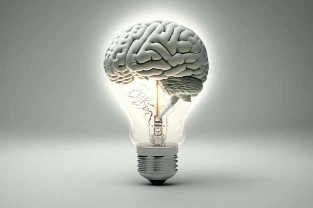 Ilustracja przedstawiająca żarówkę z pomysłami mózgu i tłem koncepcji kreatywności Generative AI