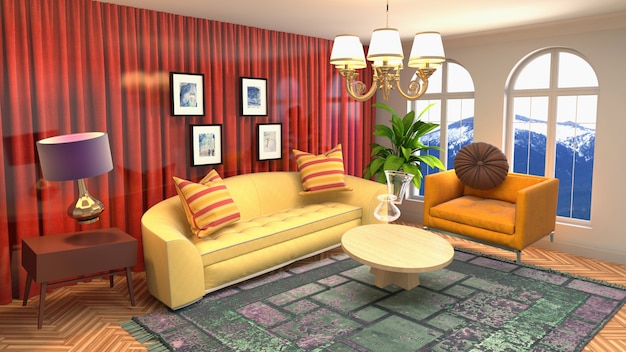 Ilustracja przedstawiająca zerową grawitację Sofa unosząca się w salonie