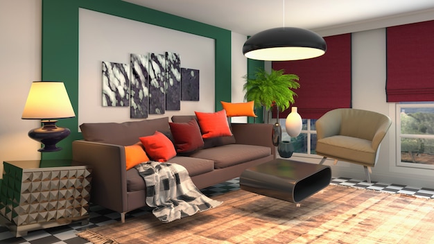Ilustracja przedstawiająca zerową grawitację Sofa unosząca się w salonie