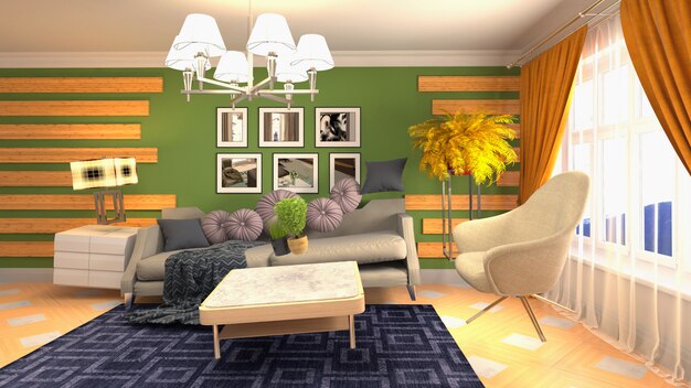 Ilustracja przedstawiająca zerową grawitację Sofa unosząca się w salonie