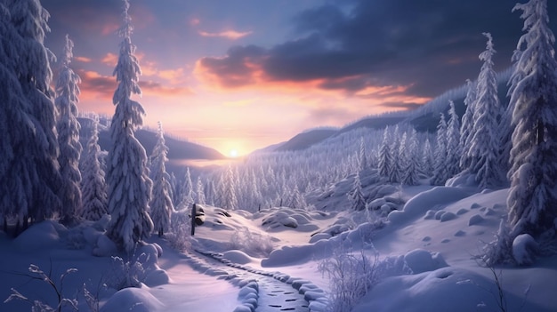 Ilustracja przedstawiająca zimowy krajobraz pokryty śniegiem z generatywnym Ai