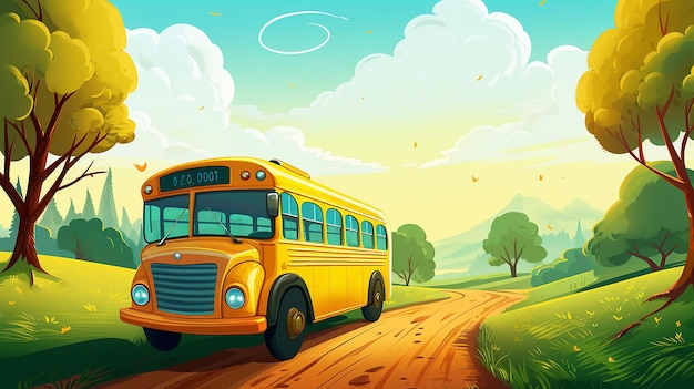 Ilustracja przygodowa autobusu szkolnego na pierwszą wycieczkę szkolną