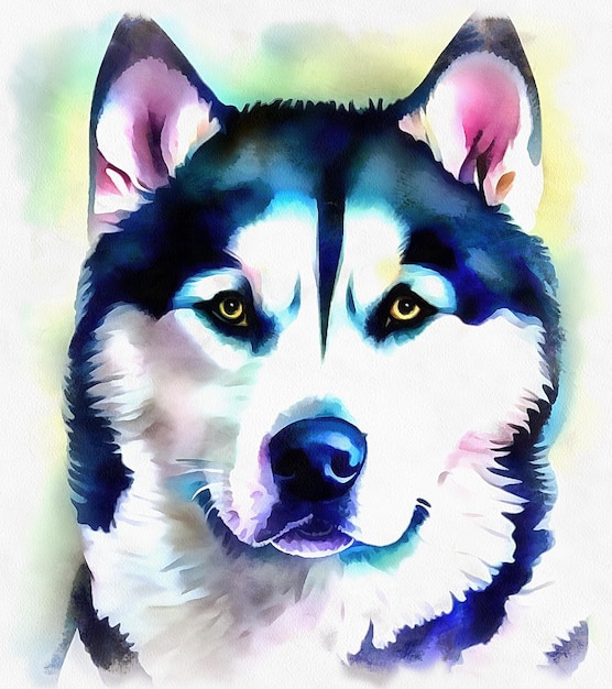 Ilustracja psa husky w stylu przypominającym akwarele na papierowym płótnie generatywnym AI