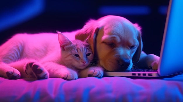 Ilustracja psa i kota śpiących na laptopie
