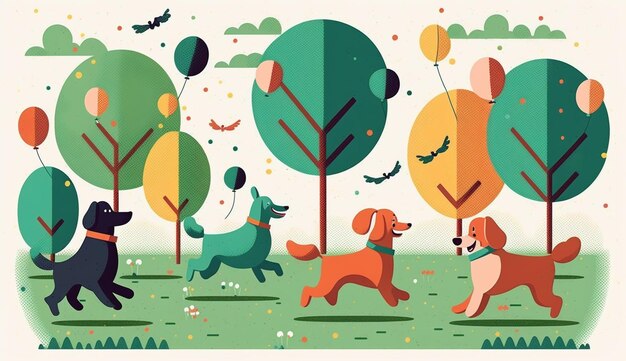 Ilustracja psów biegnących w parku z balonami i nietoperzami generatywnymi ai