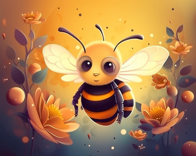 ilustracja pszczoły latającej nad polem kwiatowym z kwiatami generatywny ai
