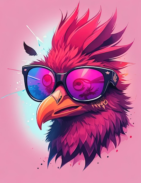 ilustracja ptaka w okularach przeciwsłonecznych i różowym tle