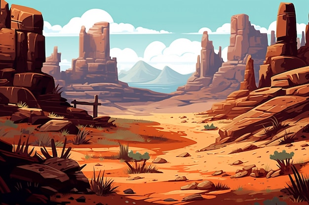 Ilustracja pustynnego krajobrazu ze skałami i roślinami generatywnymi ai