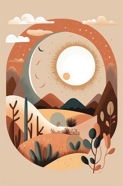 Ilustracja pustynnej sceny ze słońcem i generatywnym ai półksiężyca