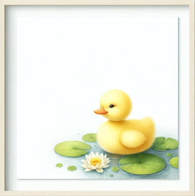 Ilustracja puszystego kaczki z ramką z stawem lilii wodnej