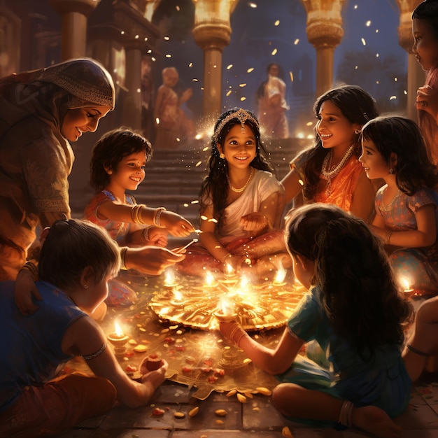 ilustracja radosnych przedstawień obchodów Diwali