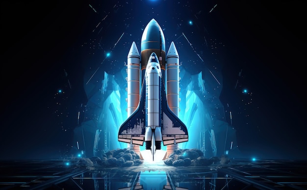 Ilustracja rakiety gotowej do startu szczegóły z niebieskim światłem koncepcja startu Generatywna sztuczna inteligencja