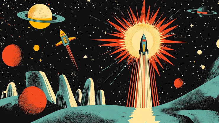 Zdjęcie ilustracja rakiety wystrzelonej w przestrzeń kosmiczną w stylu retro