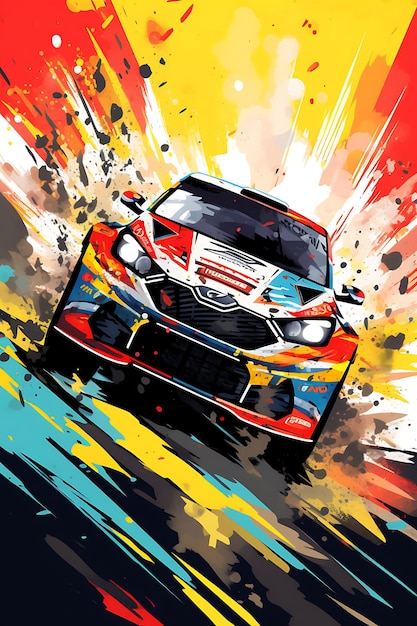 Zdjęcie ilustracja rally car race thrill and adventure dynamic color scheme wit flat 2d sport art poster