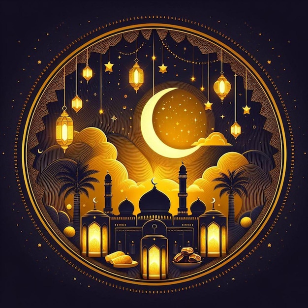 Ilustracja Ramadan Kareem Symbole Ramadanu Mubarak Wisiące Złote latarnie arabskie lampy latarnia