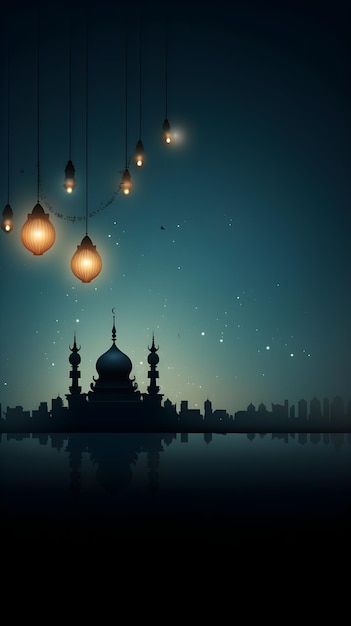 Ilustracja ramadanu Kareem na tle z meczetem i latarniami
