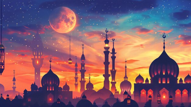 Ilustracja Ramadanu Kareem z tłem z meczetem i latarniami