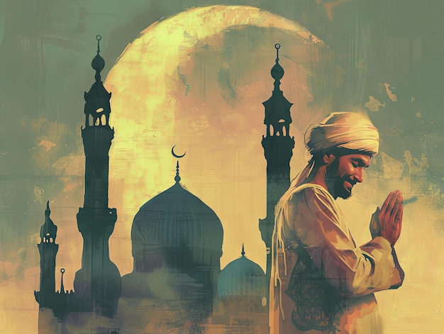 Ilustracja Ramadanu Muzułmanin modli się przed meczetem