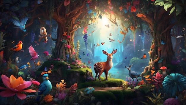 Ilustracja ramkowa dziwacznej sceny leśnej z żywymi kolorami i skomplikowanymi szczegółami przedstawiającymi