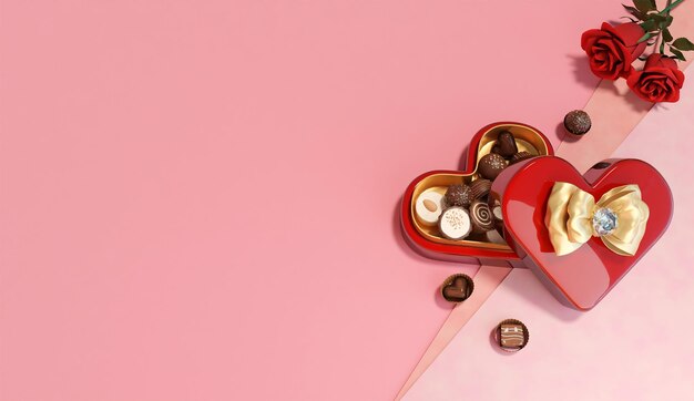 Ilustracja renderingu 3D widok górny pudełko czekoladowe z czerwonymi różami na różowym tle