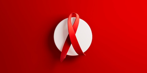 Ilustracja renderowania 3D Aids hiv Świadomość Światowy Dzień koncepcja z czerwoną wstążką serce kształt kopia przestrzeń tekst Czyste minimalistyczne tło czerwonego sztandaru