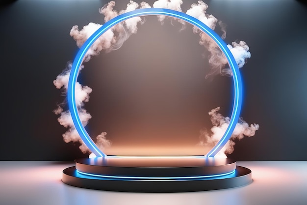 Ilustracja renderowania 3D nowoczesna futurystyczna platforma sceniczna na podium z oświetleniem neonowym i czarnym tłem dla wygenerowanej technologii biznesowej produktów premium