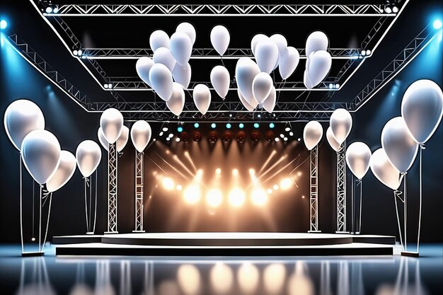 Zdjęcie ilustracja renderowania 3d nowoczesny pusta scena koncertowa ze światłem balonów wygenerowany projekt ai