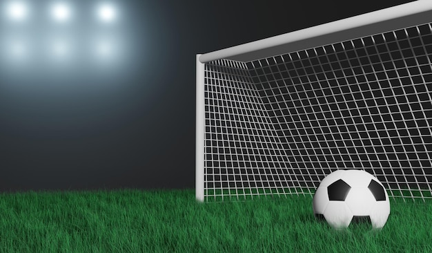 Ilustracja renderowania 3D piłka nożna na boisku piłkarskim na stadionie nocnym i lekkim tle sportowym