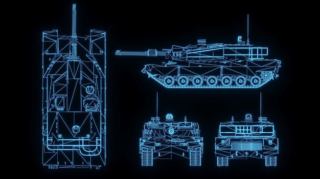 Ilustracja renderowania 3D Plan czołgu świecący neonowy hologram futurystyczny pokaz bezpieczeństwa technologii