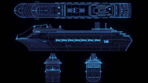 Ilustracja renderowania 3D plan statku świecący neonowy hologram futurystyczny pokaz technologia bezpieczeństwo
