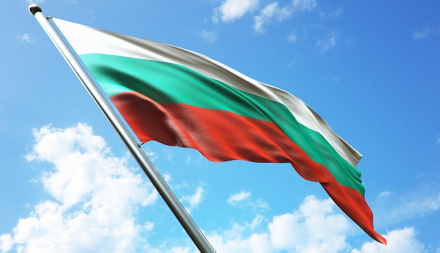 Ilustracja renderowania 3D w wysokiej rozdzielczości flagi Bułgarii na tle błękitnego nieba
