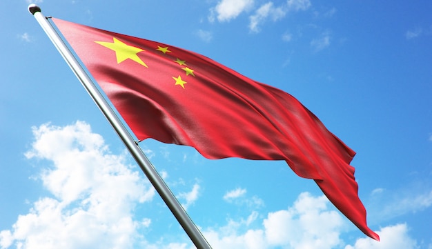 Ilustracja renderowania 3D w wysokiej rozdzielczości przedstawiająca flagę Chin na tle błękitnego nieba