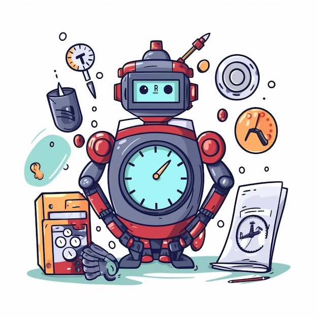 ilustracja robota z zegarem i innymi rzeczami wokół niego generatywny ai