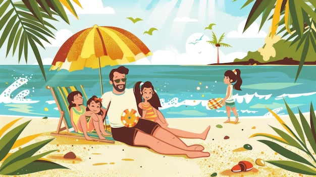 ilustracja rodziny odpoczywającej na plaży w lecie