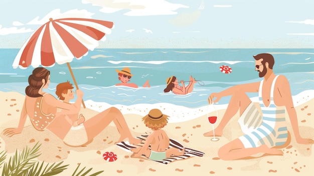 ilustracja rodziny odpoczywającej na plaży w lecie