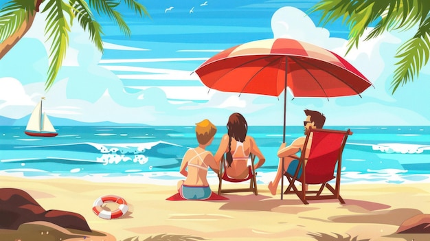 ilustracja rodziny odpoczywającej na plaży w lecie