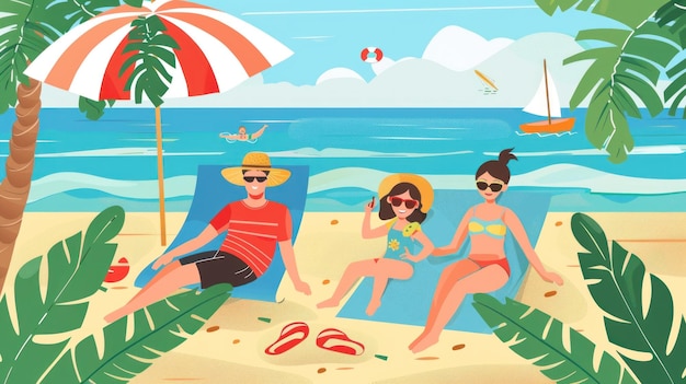 ilustracja rodziny odpoczywającej na plaży w lecie