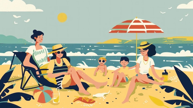 ilustracja rodziny odpoczywającej na plaży w lecie