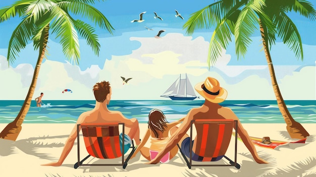 ilustracja rodziny odpoczywającej na plaży w lecie
