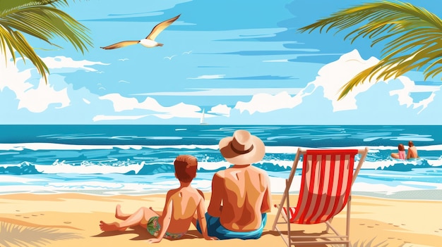ilustracja rodziny odpoczywającej na plaży w lecie
