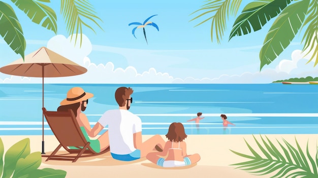 ilustracja rodziny odpoczywającej na plaży w lecie