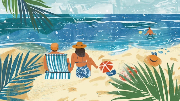 ilustracja rodziny odpoczywającej na plaży w lecie