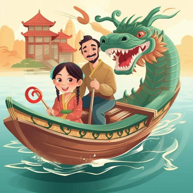 Ilustracja Rodziny W łodzi Z Smokiem Na Plecach Generatywny Ai